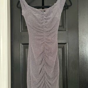 Speechless Shimmering Gray Ruched Mini Dress